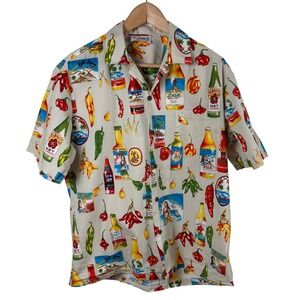 Pacific Legend Hawaiian Shirt Men's L Chili Hot Sauce Novelty Print Aloha Tiki